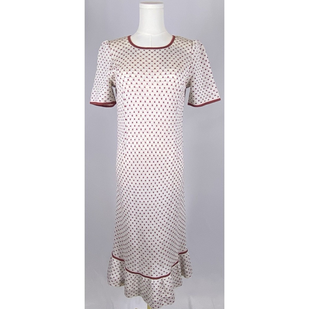 VTG Saito Toyoko Metallic Knit Polka Dot Midi Dress Japan Red Ivory Rockabilly S